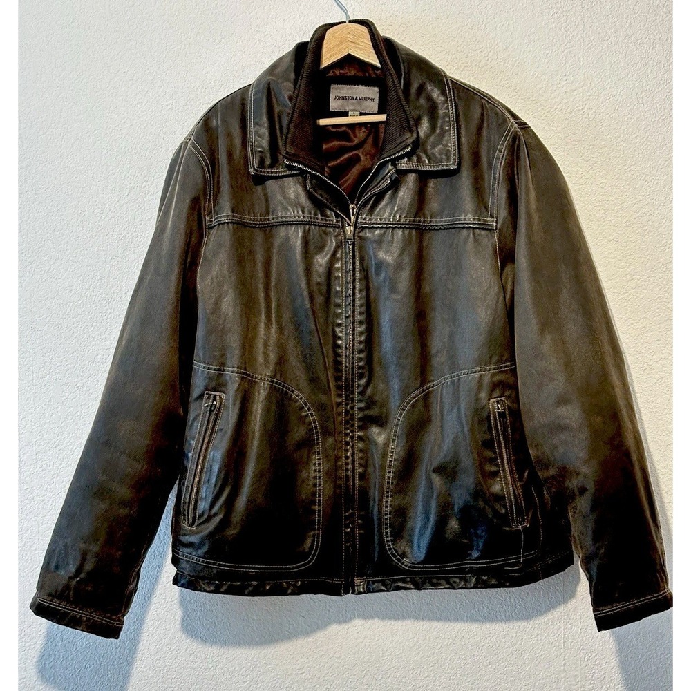 Johnston & Murphy L Distressed Brown Faux Leather Utility Jacket Weathered 3 N 1